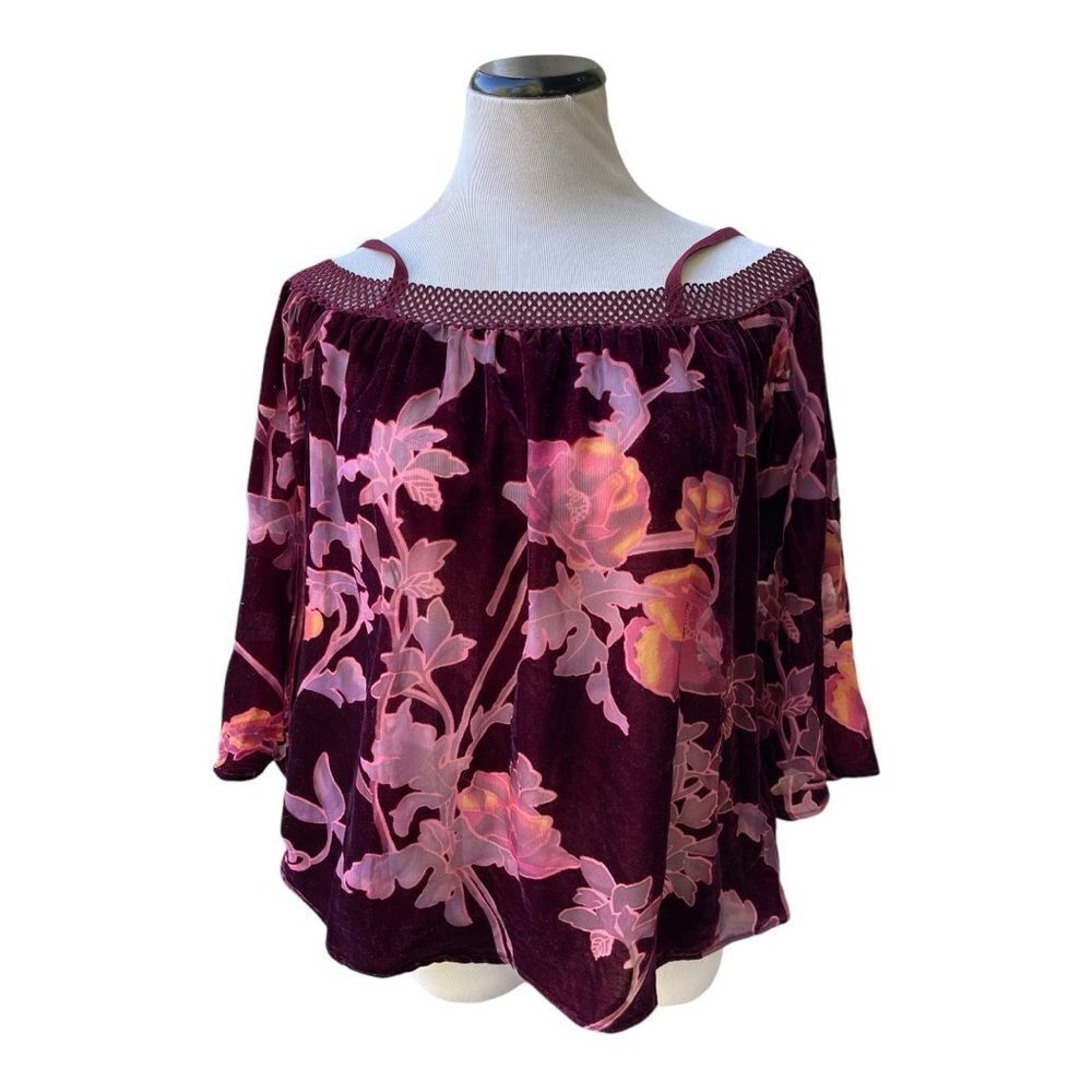 American Rag Floral Velvet Burnout Burgundy Off the Shoulder Size Small Bohemian - Picture 4 of 9